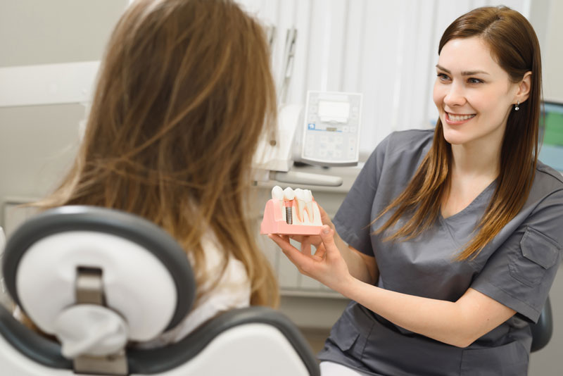 a dental professional showing a patient a dental implant model to show her what dental factors can affect the cost of her dental implant procedure.